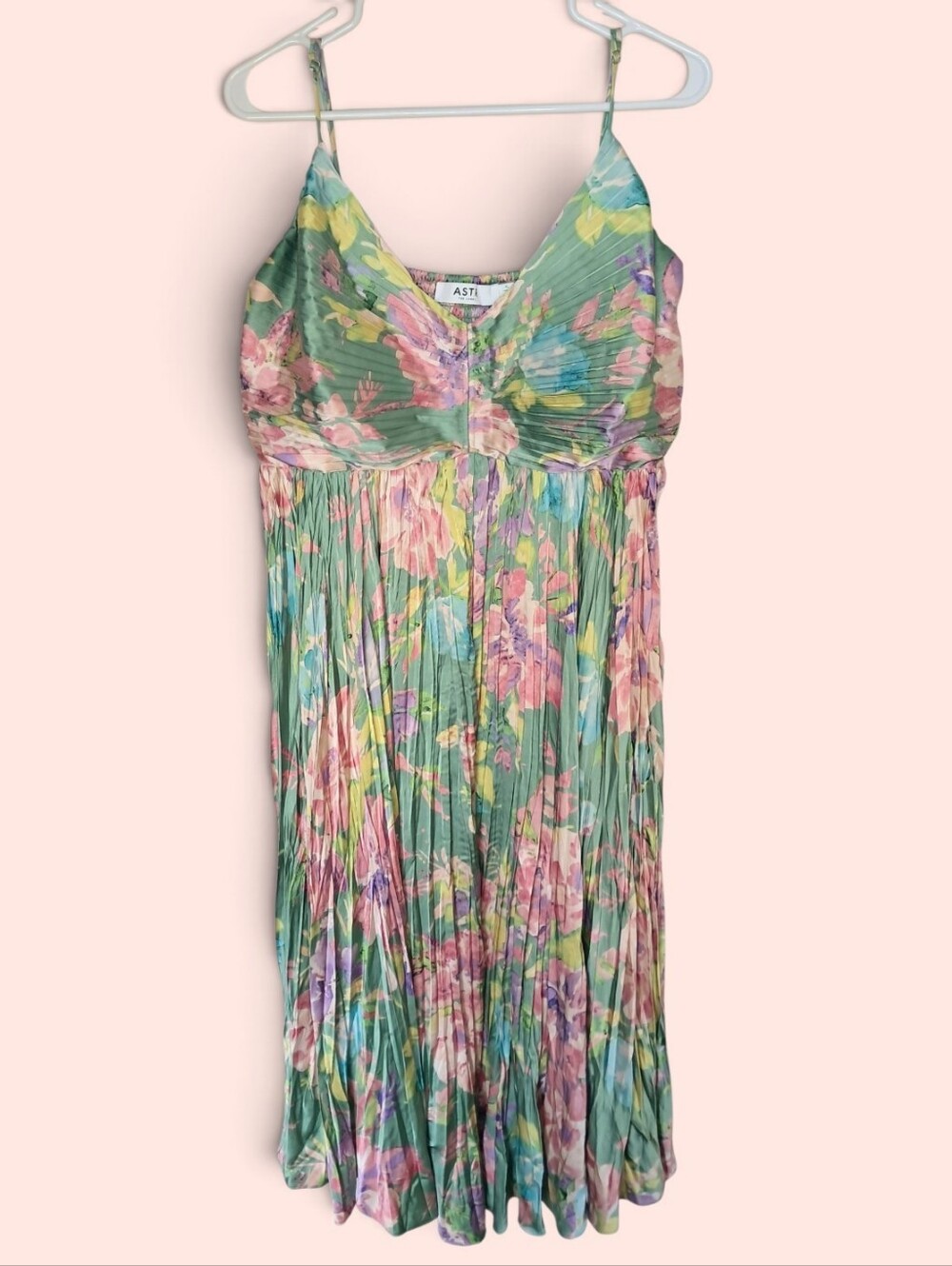 ASTR The Label Maeve Pleated Midi Dress Green Pink Floral Size XL